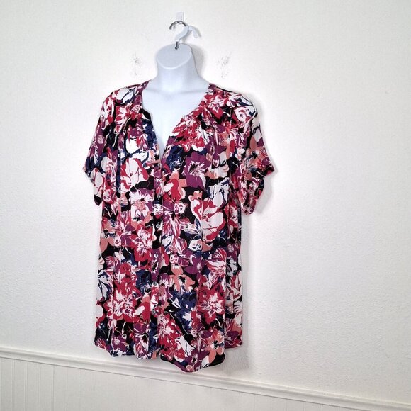 Roamans Floral Tunic Blouse Sz 18W Button Down Colorful Whimsigoth Boho Beach - Picture 2 of 14